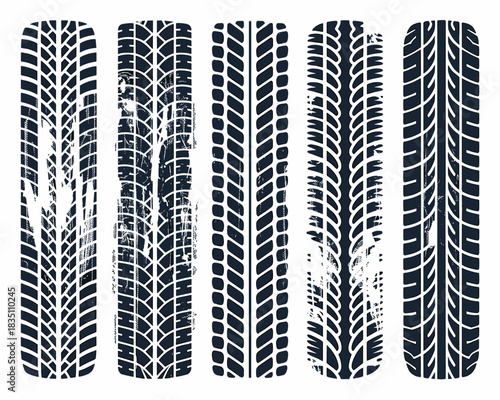 Collection of six detailed black and white isolated tire track patterns illustrating various automotive vehicle treads for racing, off-road driving, heavy transport, and motorcycling, featuring distre