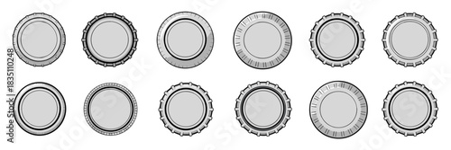 Set of twelve different detailed vector illustrations of blank silver metal bottle caps or crown corks, shown from the top view, perfect for industrial packaging design, beverage branding, labeling, a