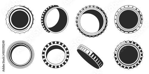 A comprehensive vector illustration set featuring eight distinct metal bottle caps and crown seals, showcasing various beverage closure designs from multiple angles (top, side, isometric), ideal for b