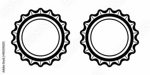 Two minimalist black and white crown bottle cap outlines, ideal graphic resource template icons for brewery logos, retro soda drink packaging design, beverage seals, or isolated abstract advertisement