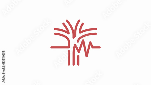 Modern graphic design icon illustrating the critical concepts of health, life, and continuous vitality; stylized red line art depicts a branching nervous system or growing tree intersecting with an ac
