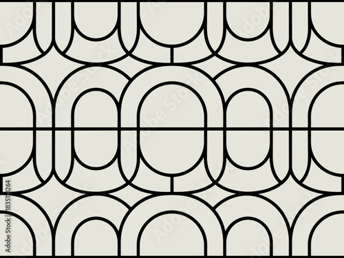 Classic Art Deco geometric repeating arch pattern creating a sophisticated abstract seamless wallpaper texture backdrop, ideal for luxury interior design, vintage textile printing, and elegant website