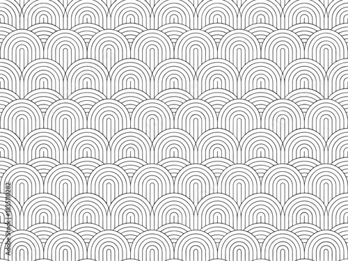 Seamless repeating monochrome geometric Art Deco pattern of elegant concentric semicircle arches or scallop scales, creating a rhythmic linear texture for decorative wallpaper, web backgrounds, textil