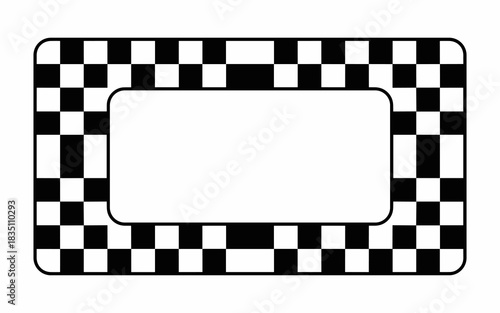 Black and white checkered pattern rectangular border frame graphic template or racing finish line flag name tag label sticker for sports events, business signage, professional presentation, party invi