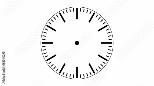 This blank, empty analog clock face template features precise hour and minute indicators on a clean, bright white background, providing a versatile, modern graphic design element perfect for professio
