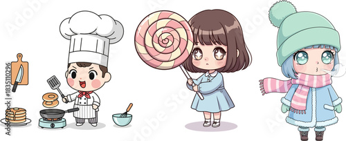 Chibi Chef Making Pancakes Girl with Lollipop Girl in Winter Coat Keywords: chibi, chef, cooking, pancakes, frying pan, spatula