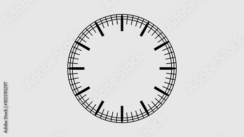 Minimalist blank clock face vector graphic resource template showing bold hour markers and fine minute tick marks on a precise circular dial, essential for business schedule planning, countdowns, dead
