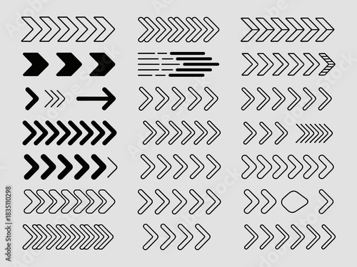 Modern chevron arrow icon vector set illustrating sequential progress and fast movement, ideal for professional UI/UX website navigation, technology presentations, business infographics, advancement d