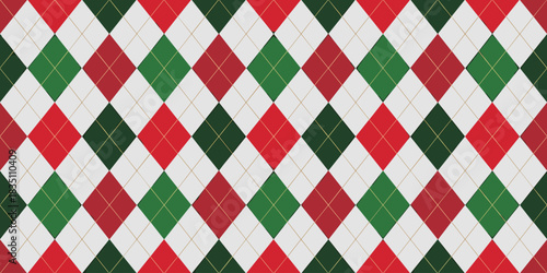 Seamless Argyle pattern background featuring classic Christmas holiday colors of festive red, deep forest green, and crisp white diamonds, with thin gold connecting lines creating a traditional winter