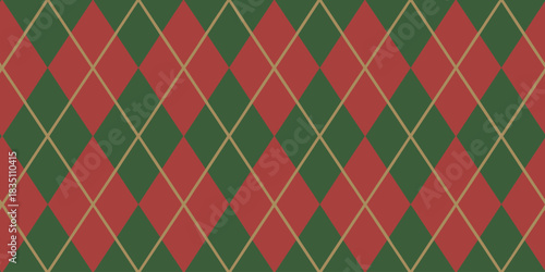 Traditional repeating geometric pattern background featuring bold interlocking red and deep green rhombus diamond shapes, detailed with subtle gold diagonal lines, ideal for cozy winter marketing camp