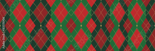 A festive traditional argyle seamless repeating pattern featuring classic Christmas holiday colors of bright red, forest green, and gold diagonal stitching; perfect graphic resource for winter apparel