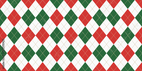Seamless repeating Christmas Argyle pattern background featuring traditional festive red, dark hunter green, and crisp white geometric diamond shapes separated by thin gold diagonal lines, creating a