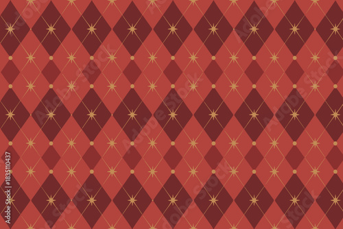 A luxurious seamless argyle pattern featuring festive holiday red and deep burgundy diamond shapes alternating with glittering gold starburst and dot accents, creating an elegant traditional geometric