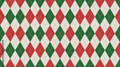 Traditional festive Argyle repeating pattern texture background featuring classic holiday colors: vibrant deep red and rich forest green diamonds on an off-white field with intersecting gold lines, pe