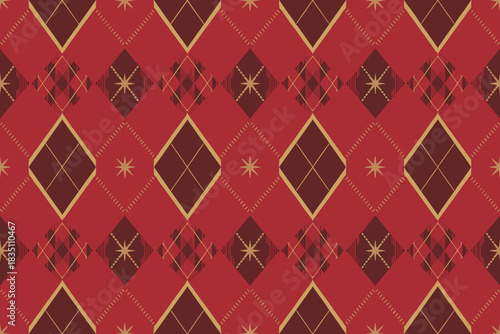 Classic Argyle plaid seamless repeating pattern texture featuring vibrant holiday red and deep maroon diamond shapes outlined in shimmering gold glitter, perfect background design for festive Christma
