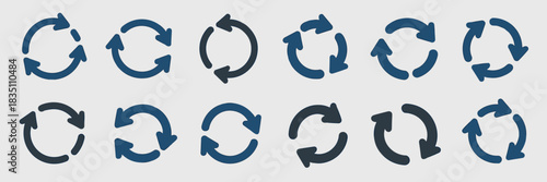 Comprehensive set of rotation, refresh, and recycling circular arrow symbols representing continuous synchronization, repeatable workflow, system regeneration, and looping data processes for web desig
