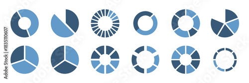 A comprehensive vector graphic collection of blue two-tone modern pie charts, donut ring diagrams, and radial segmented infographic elements for professional business statistics, finance, and analytic