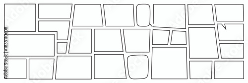 Dynamic blank comic strip panel layout template vector featuring an asymmetrical arrangement of modern, abstract geometric frames and bold black lines, ideal for visual storytelling, graphic novel des