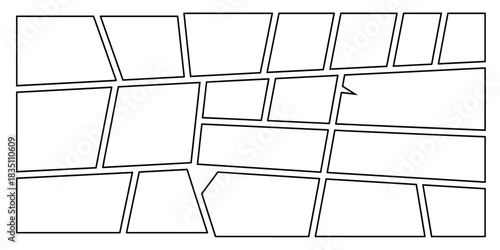 Dynamic comic book panel layout template for graphic design resources, featuring an abstract, modern, and asymmetrical geometric storyboard grid structure, perfect for blank creative project backgroun
