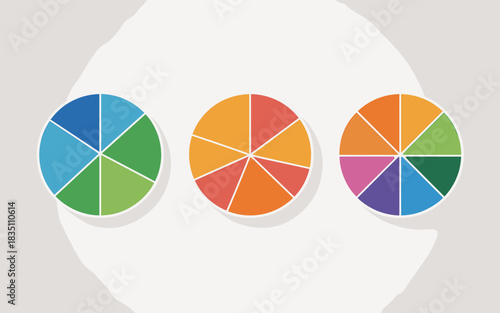 Set of three modern, vibrant, and colorful pie charts infographic diagrams, clearly illustrating data visualization, statistical analysis, percentage breakdown, and business planning concepts, ideal f