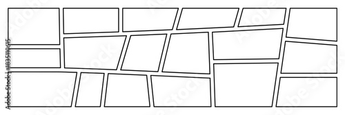 Highly dynamic and complex graphic panel layout template featuring multiple asymmetrical geometric trapezoidal frames, perfect for modern creative sequential storytelling, segmented storyboard design,