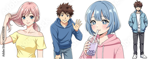 Anime style young people group portrait with pink haired girl blue haired girl and two boys