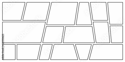 A blank, dynamic, abstract comic book panel template layout featuring multiple irregular polygonal cells and trapezoidal frames designed for creative sequential visual storytelling, modern graphic nov