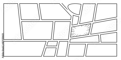 Dynamic comic book panel layout template featuring asymmetrical manga frames, wide cinematic views, and an intense action speed burst effect panel for impactful storytelling and visual communication d
