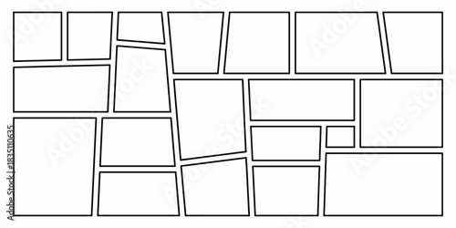 Modern dynamic asymmetrical comic book page template featuring multiple blank white panels framed by thick black lines, an adaptable graphic resource for creative website backgrounds, professional pre