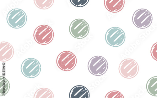 Seamless repeating polka dot pattern featuring muted pastel chalk textured circles on a white background, perfect for modern surface design, whimsical fabric, digital wallpaper, scrapbooking, print pa