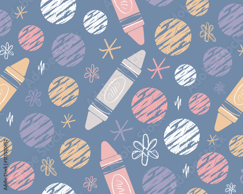 Playful seamless pattern of chunky drawing crayons, textured polka dots, and whimsical doodles in a soft pastel color palette on a muted blue background, ideal for children's creativity, educational r