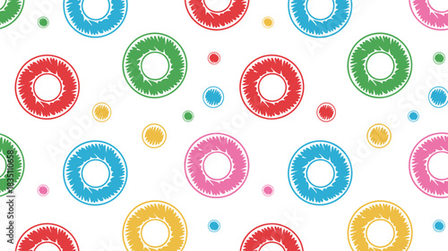 A vibrant, abstract, seamless pattern featuring multicolored retro pop art rings and decorative scribbled circles scattered irregularly on a white background, ideal graphic resource for contemporary f
