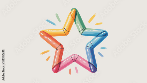 A vibrant, glossy star graphic illustration formed by connected, bent tubular shapes in a bright rainbow spectrum of colors, symbolizing teamwork, achievement, quality, success, and diversity for prem