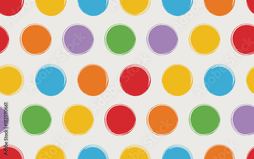 A vibrant seamless polka dot pattern featuring large, hand-painted style rainbow circles and colorful geometric shapes set against a light background, useful for playful abstract digital media, childr