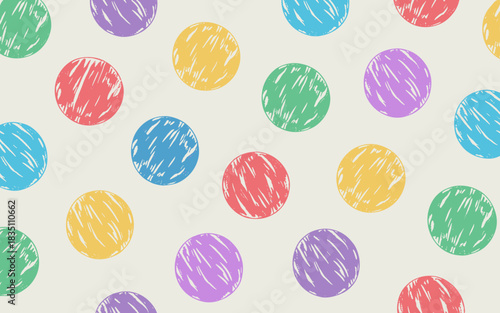 Seamless repeating background pattern of colorful hand drawn scribble polka dots and circles in a vibrant rainbow palette on a pale beige texture, perfect for modern graphic design, kids' textiles, ed