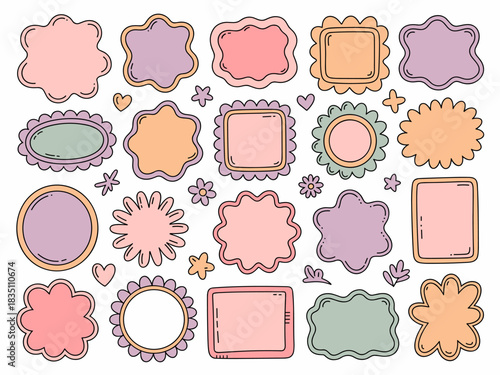 A large collection of hand-drawn doodle vector frames, stickers, and abstract irregular labels in soft pastel colors like pink, purple, and green. Cute aesthetic graphic design elements perfect for pl