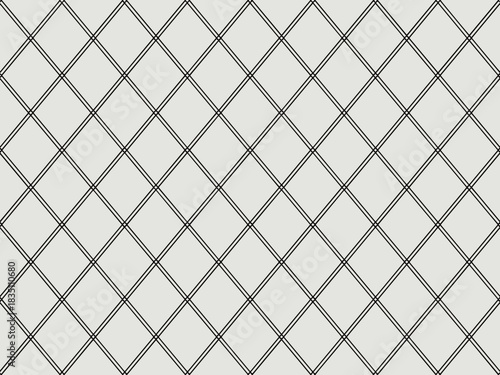 Subtle seamless repeating geometric background texture featuring a minimalist diagonal diamond grid pattern created with thin black twin lines on a pale neutral grey surface, perfect for luxury modern