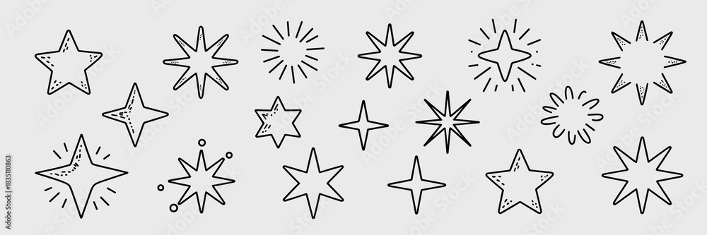 Obraz premium Hand-drawn star and sparkle doodle graphic elements set featuring various outlined celestial symbols and starburst illustrations, perfect for creative design assets, quality awards, modern rating syst