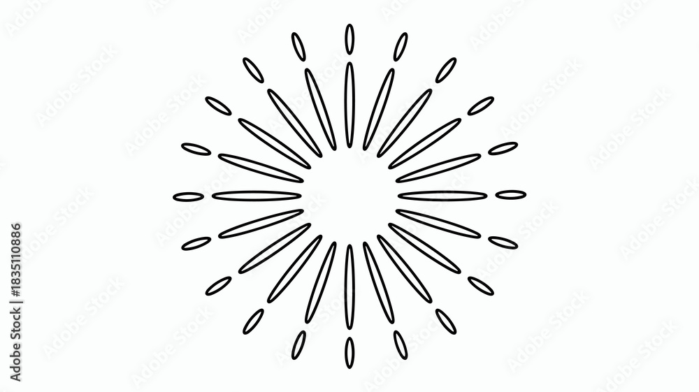 Obraz premium Minimalist radial sunburst vector graphic element illustrating a sudden burst of light, energy, or focus, featuring abstract geometric black outline lines forming a central spotlight circle, perfect f
