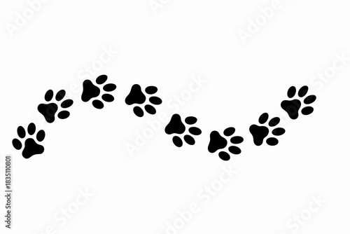 Black stylized animal paw prints vector graphic illustration forming a wavy trail on a clean white background, perfect design resource for pet adoption, veterinary marketing, website banner, or childr