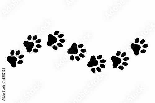 Black dog paw prints forming a continuous walking trail path of movement, a charming stylized animal tracks vector illustration element isolated on clean white background for veterinary clinic marketi