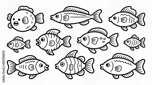 A delightful collection of ten simple black and white line art vector drawings featuring various cute tropical aquatic fish and ocean marine life creatures, ready for children's coloring book pages, e