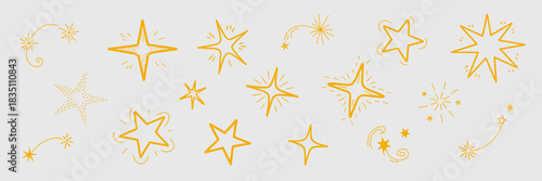 Hand-drawn golden yellow vector doodle stars and sparkle elements set, featuring various celestial shapes, bursts, and shooting comets; ideal graphic resource collection for magical, festive holiday c
