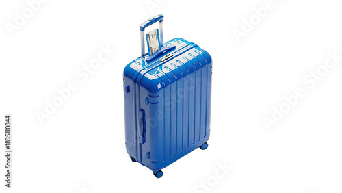 Vibrant blue wheeled suitcase isolated on a clean white background with a shiny metallic finish and silver handle perfect for travel and luggage themes