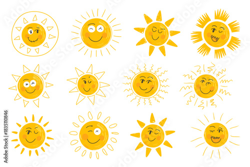 Cute cartoon sunshine seamless pattern featuring a large collection of bright yellow smiling happy sun faces, winking and joyful, ideal for children's background, summer holiday marketing, fun weather