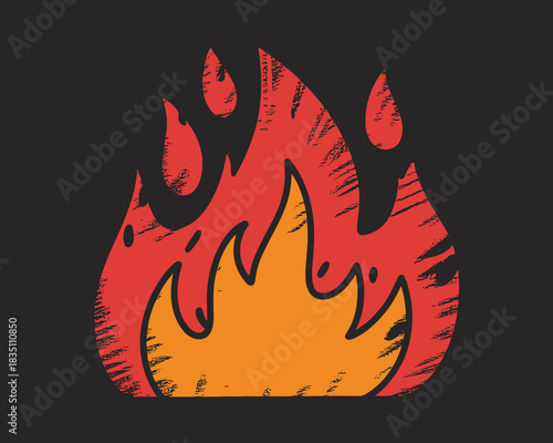A fiery stylized graphic illustration of a burning hot blaze or dangerous inferno, featuring retro vintage distressed grunge textures and bold comic book outlines, useful for website marketing, busine
