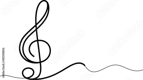 Elegant single line drawing of a treble clef symbol with a flowing musical staff Vector