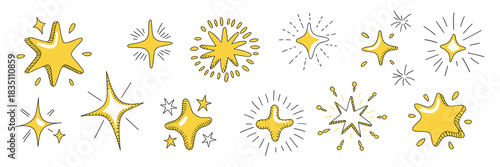 Hand-drawn yellow sparkle stars doodle set featuring various shining bursts, twinkling glitters, and glowing effects, perfect graphic design elements for adding cute decorative accents, positive empha