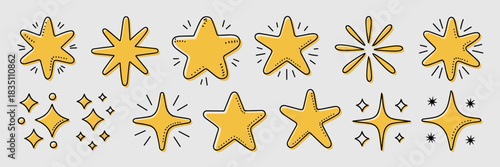 A delightful set of hand-drawn yellow stars and various sparkle vector doodle illustrations, featuring shining starbursts, diamond shapes, and cute six-pointed icons, representing quality, success, ma