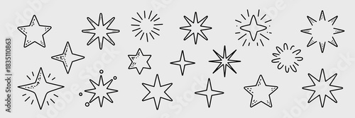 Hand-drawn star and sparkle doodle graphic elements set featuring various outlined celestial symbols and starburst illustrations, perfect for creative design assets, quality awards, modern rating syst